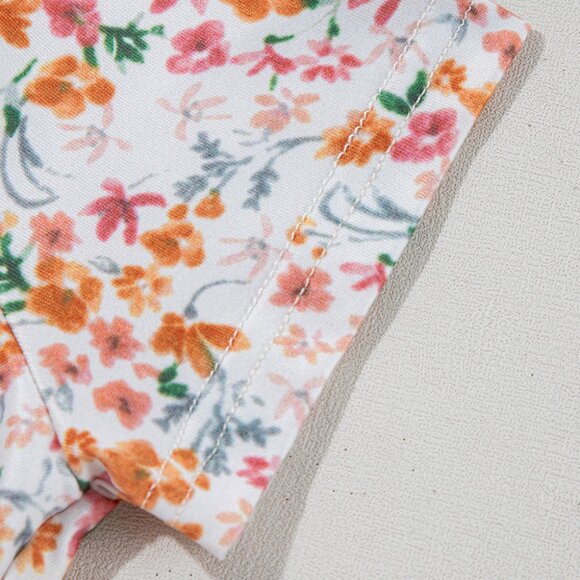 B251 Orange Short Sleeve Floral Ruched Sweetheart Bodysuit - Picture 13 of 16